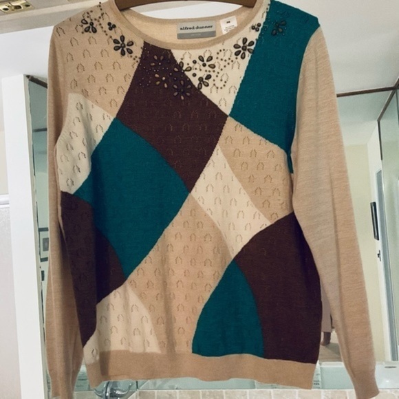 Alfred Dunner Color block LS Sweater Lightweight MP beiges choc brown dk teal - Picture 10 of 12